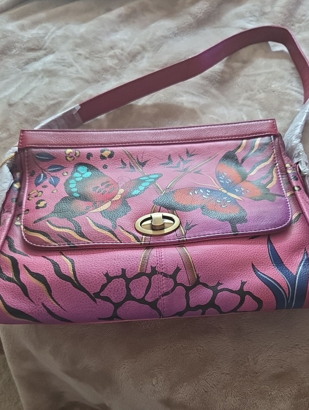 Anuschka Pink Butterfly Shoulder Bag with Gold Twist Lock